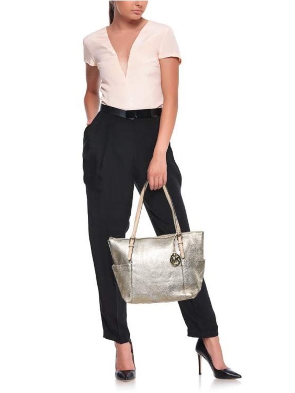 MICHAEL Michael Kors Gold Leather Jet Set Top Zip Tote